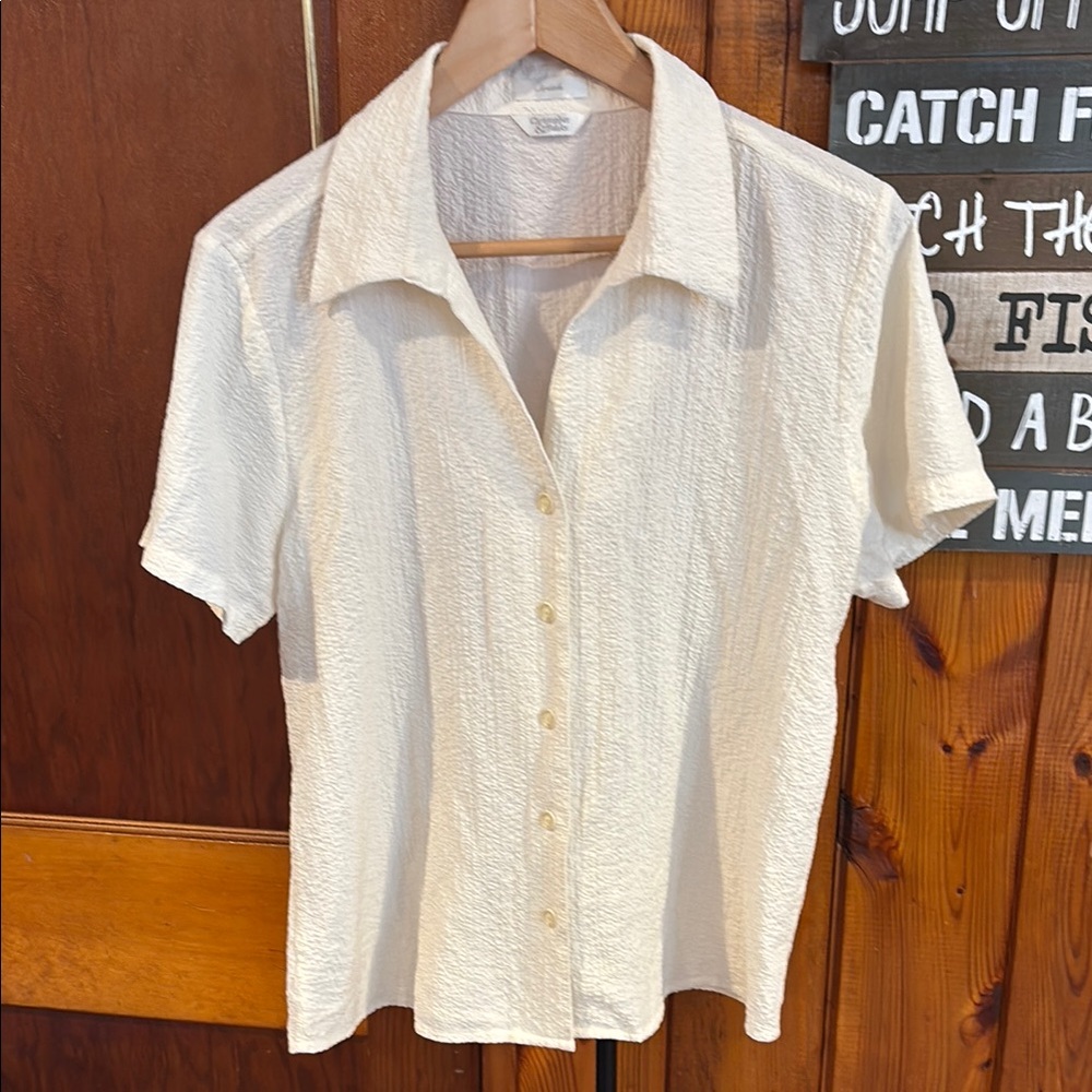 Christopher & Banks Women's Cream Button-Up Top Spring Collar Short Sleeve